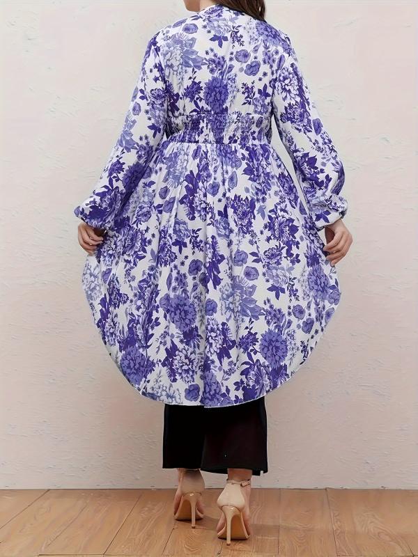 Floral Print Lantern Sleeve V Neck Nipped Waist Tunic Top