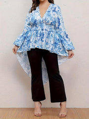 Floral Print Lantern Sleeve V Neck Nipped Waist Tunic Top
