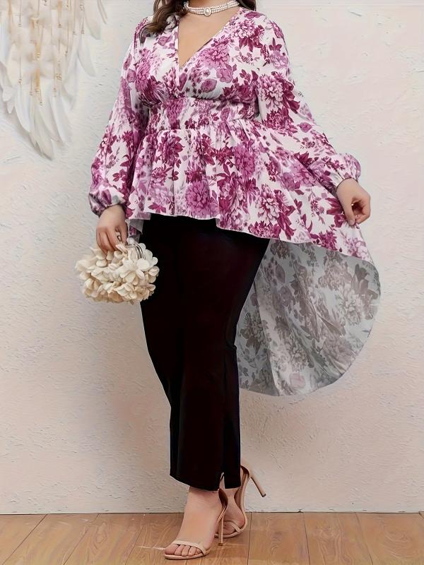 Floral Print Lantern Sleeve V Neck Nipped Waist Tunic Top