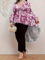 Floral Print Lantern Sleeve V Neck Nipped Waist Tunic Top