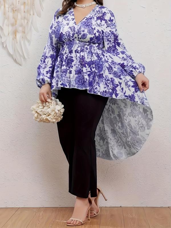 Floral Print Lantern Sleeve V Neck Nipped Waist Tunic Top