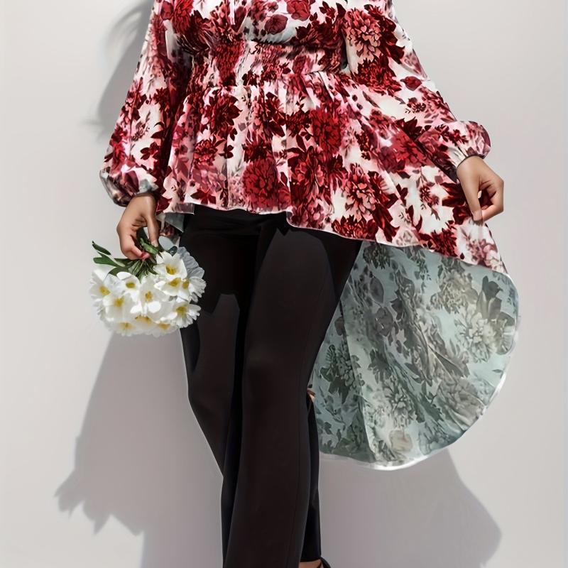 Floral Print Lantern Sleeve V Neck Nipped Waist Tunic Top