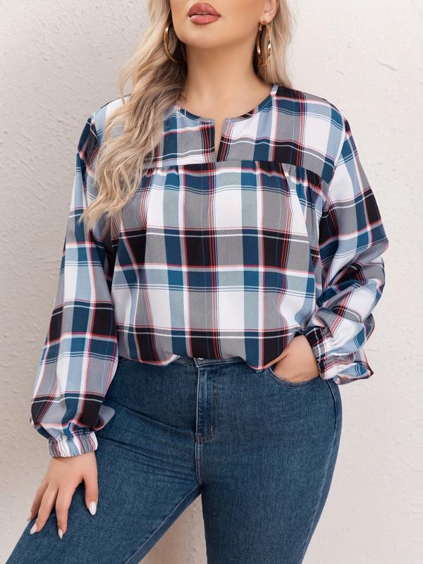 Women's Plus Size Plaid Print Lantern Sleeve Blouse