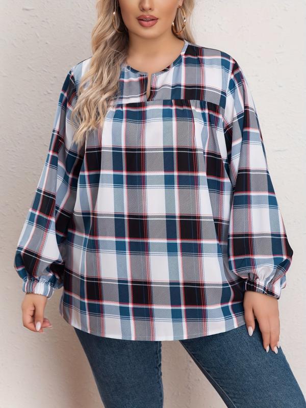 Women's Plus Size Plaid Print Lantern Sleeve Blouse