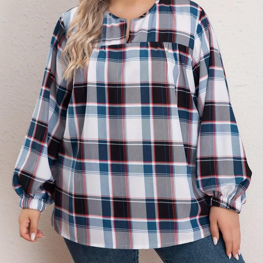 Women's Plus Size Plaid Print Lantern Sleeve Blouse