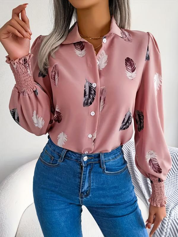Women's Plus Feather Print Lantern Sleeve Blouse