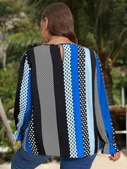 Women's Plus Stripe & Polka Dot Print Long Sleeve Ruffle Trim Top