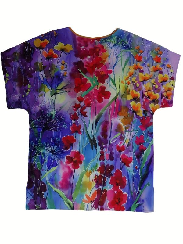 Floral Painting Short Sleeve Tee for Plus Size Women