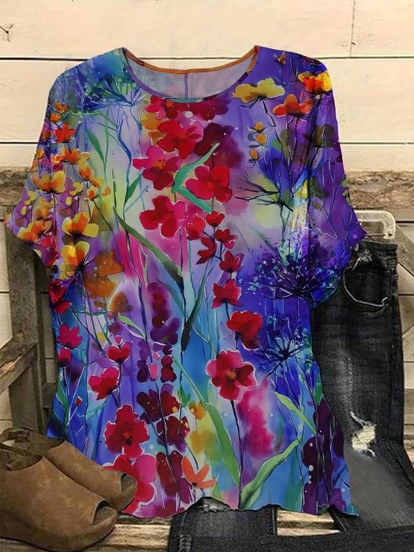 Floral Painting Short Sleeve Tee for Plus Size Women