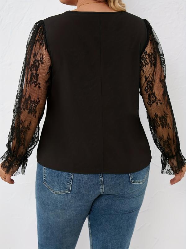Floral Jacquard Lace Long Sleeve Top + Ruched Neck