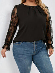 Floral Jacquard Lace Long Sleeve Top + Ruched Neck
