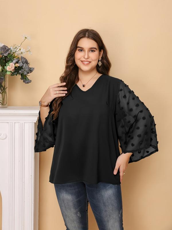 Solid Pompom Decor Contrast Mesh Long Sleeve Top Plus V Neck