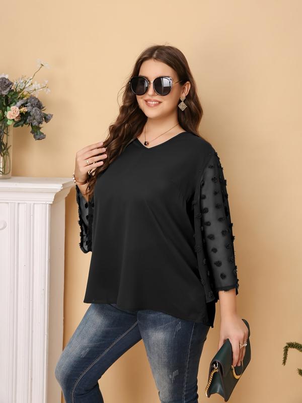 Solid Pompom Decor Contrast Mesh Long Sleeve Top Plus V Neck