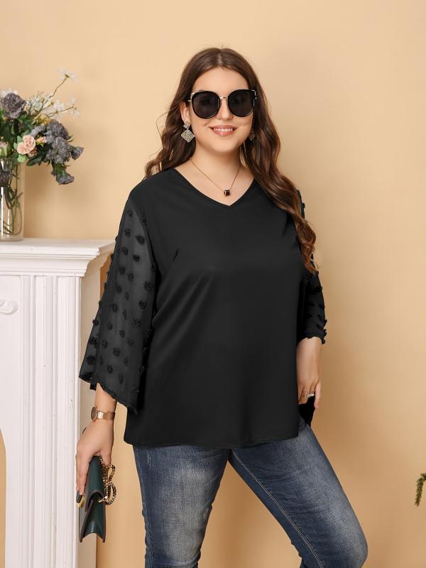 Solid Pompom Decor Contrast Mesh Long Sleeve Top Plus V Neck