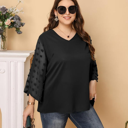 Solid Pompom Decor Contrast Mesh Long Sleeve Top Plus V Neck