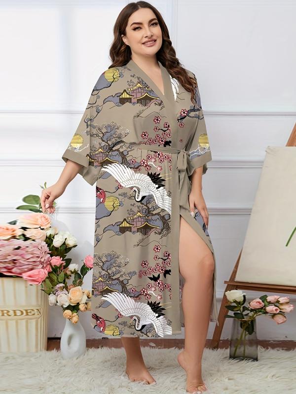 Floral Print Belted V Neck Oriental Dressing Gown