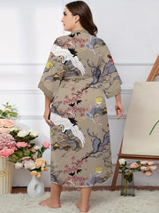 Floral Print Belted V Neck Oriental Dressing Gown