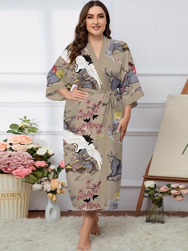Floral Print Belted V Neck Oriental Dressing Gown