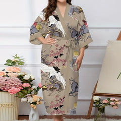 Floral Print Belted V Neck Oriental Dressing Gown