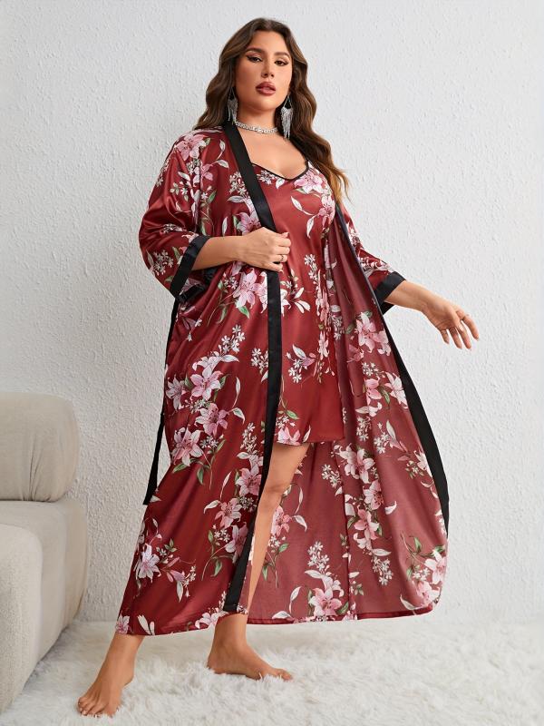 Plus Floral Print Satin Kimono Robe & Cami Dress Set