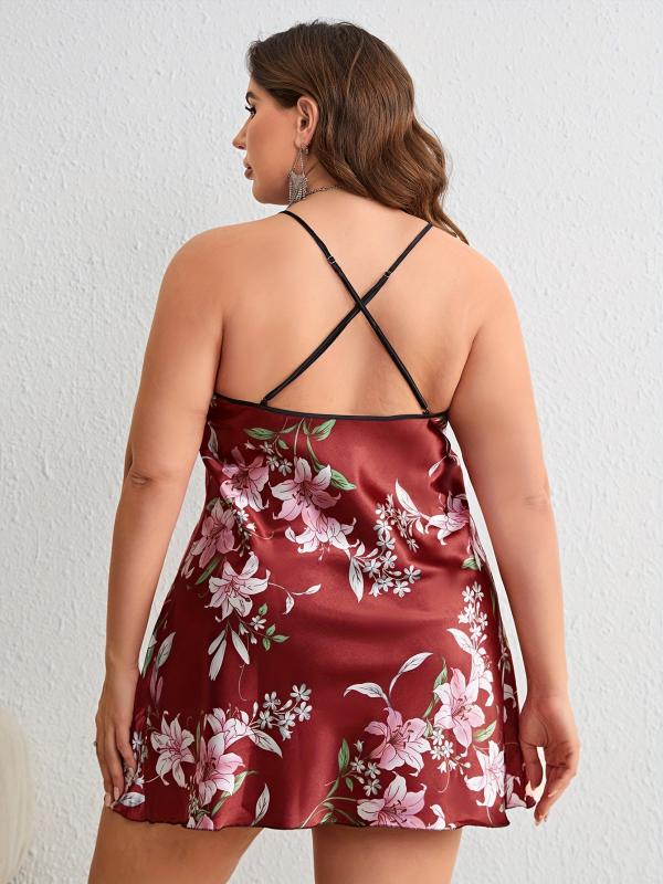 Plus Floral Print Satin Kimono Robe & Cami Dress Set