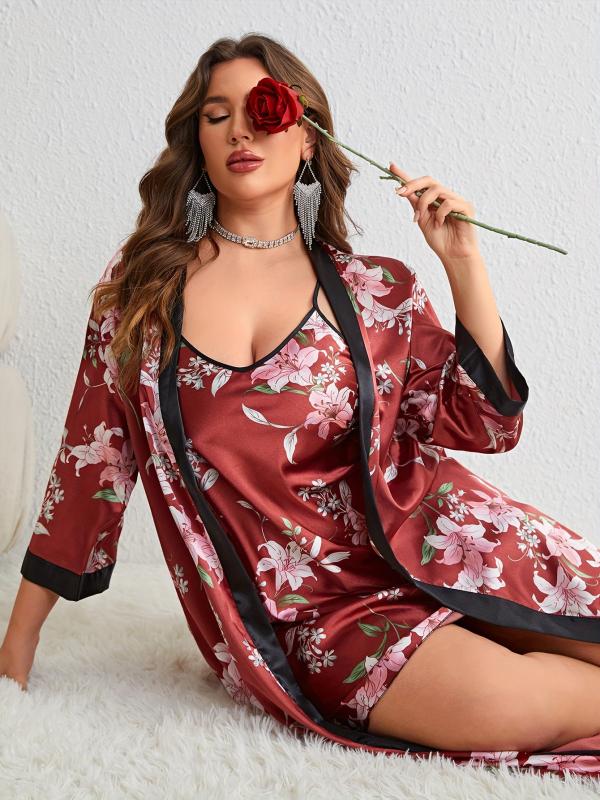 Plus Floral Print Satin Kimono Robe & Cami Dress Set