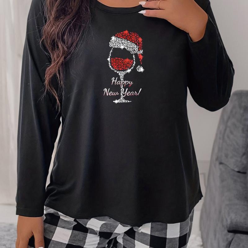 Women's Plus Christmas Goblet & Slogan Print Sleepwear Top
