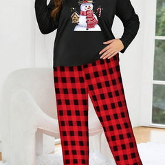 Snowman Print Long Sleeve Top & Plaid Pants Lounge Set