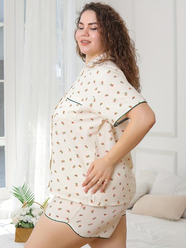 Women's Plus Mini Floral Print Pajama Set Short Sleeve Sleep Shirt & Shorts