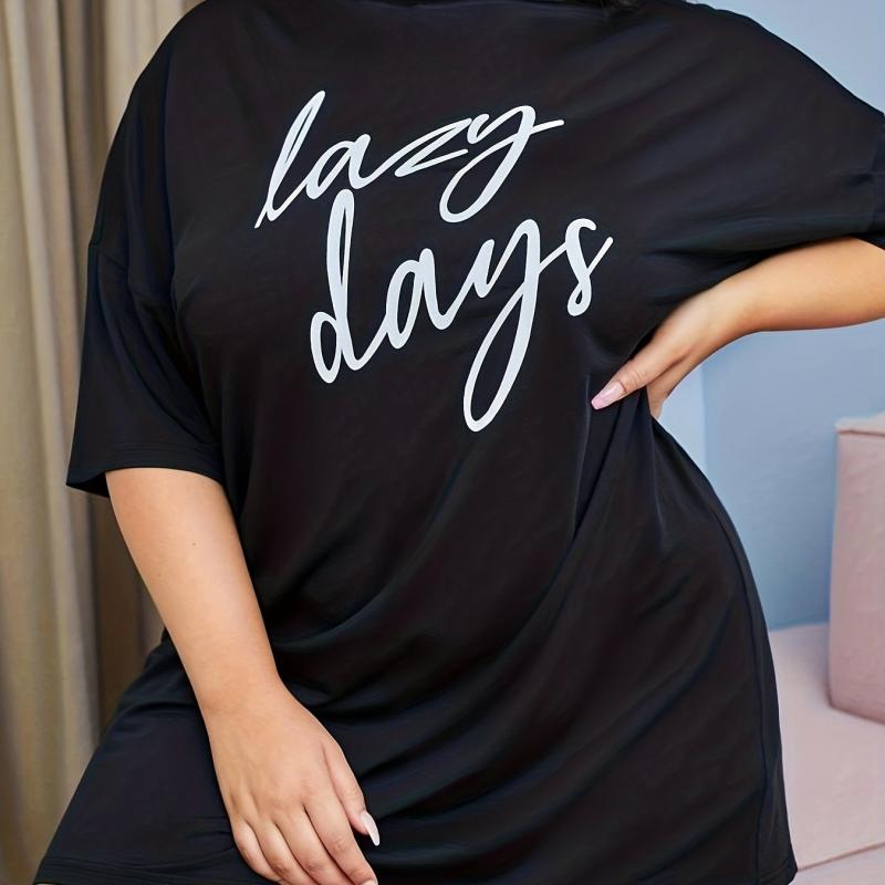 Women's Plus Letter Print Short Sleeve Lounge Dress