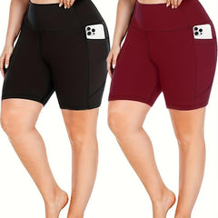 2 Pack Plus Size Fitness Shorts Set High Rise Medium Stretch