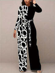 Colorblock Geometric Print Long Sleeve Round Neck Wide Leg Jumpsuit