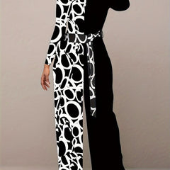 Colorblock Geometric Print Long Sleeve Round Neck Wide Leg Jumpsuit
