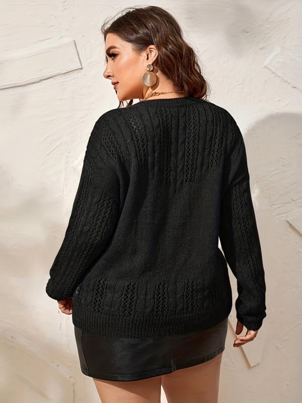 Women's Plus Solid Jacquard Eyelet Embroidered Round Neck Pullover Sweater