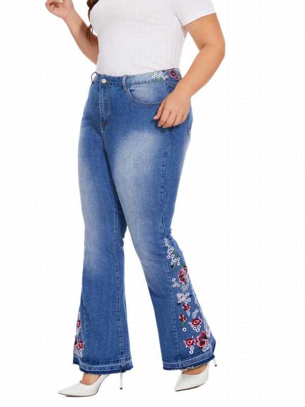 Women's Plus Floral Embroidery High Rise Flared Leg Jeans