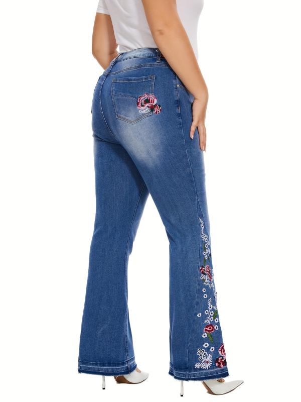 Women's Plus Floral Embroidery High Rise Flared Leg Jeans