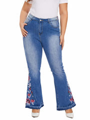 Women's Plus Floral Embroidery High Rise Flared Leg Jeans
