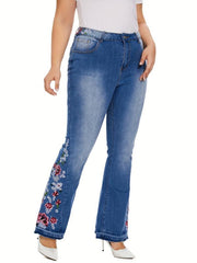 Women's Plus Floral Embroidery High Rise Flared Leg Jeans
