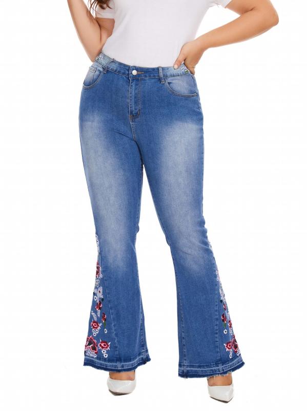 Women's Plus Floral Embroidery High Rise Flared Leg Jeans