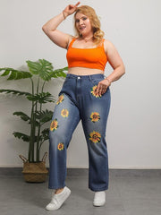 Floral Print High Rise Jeans, Button Fly, Plus Size