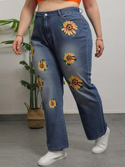 Floral Print High Rise Jeans, Button Fly, Plus Size