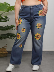 Floral Print High Rise Jeans, Button Fly, Plus Size