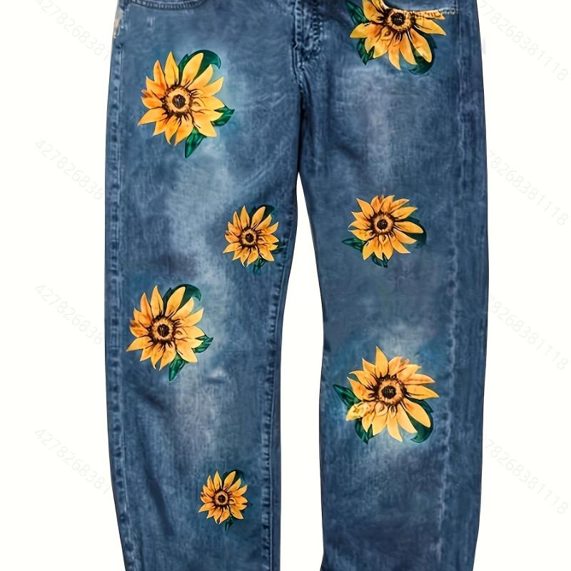 Floral Print High Rise Jeans, Button Fly, Plus Size