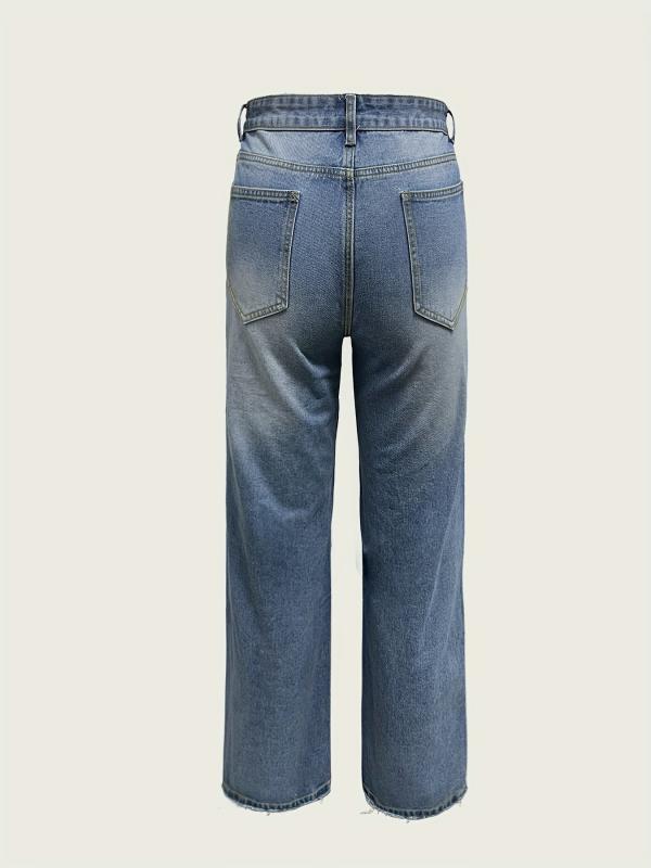 Plus Solid Ripped High Rise Wide Leg Jeans