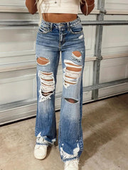 Plus Solid Ripped High Rise Wide Leg Jeans