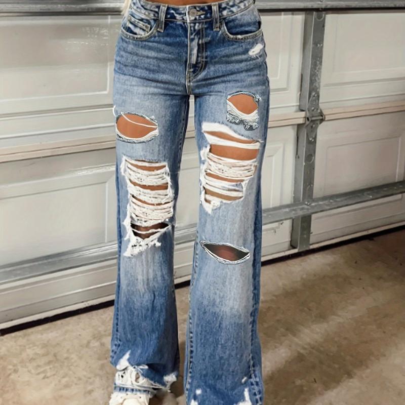 Plus Solid Ripped High Rise Wide Leg Jeans