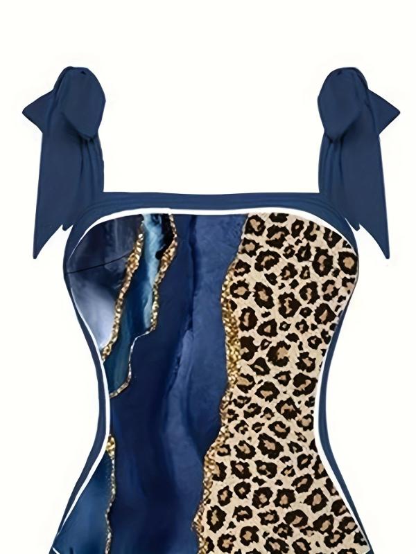 Women's Plus Glitter Marble & Leopard Print Swimsuit Set