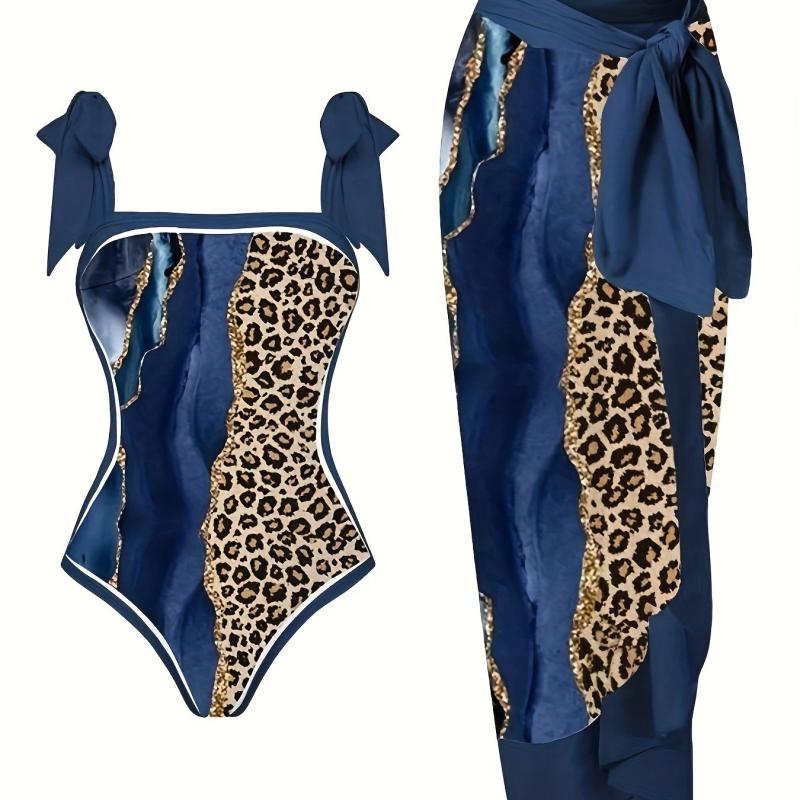 Women's Plus Glitter Marble & Leopard Print Swimsuit Set
