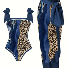 Women's Plus Glitter Marble & Leopard Print Swimsuit Set