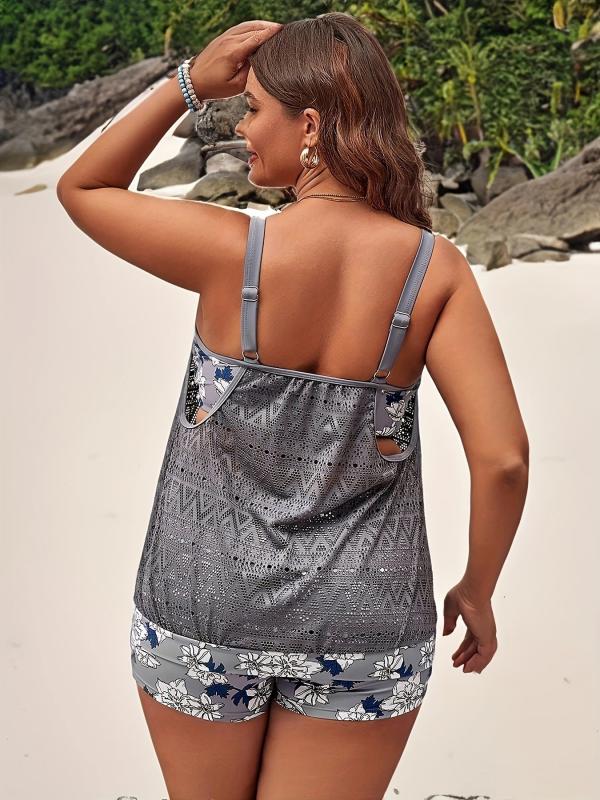 Women's Plus Boho Tankini Set Floral Print Ruched Top & Shorts Swimsuit